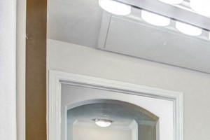 Bathroom with framed mirror and wood-style flooring
